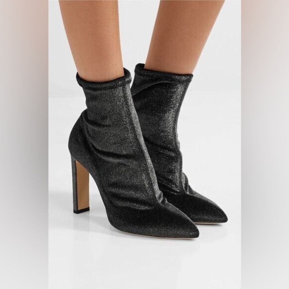 Jimmy Choo Louella 100 metallic velvet stretch boot, size 37